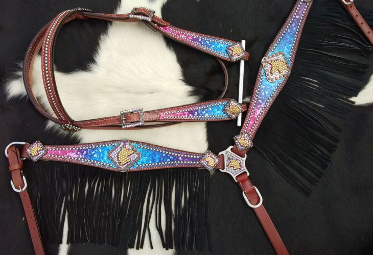 Showman Galaxy print browband headstall and breastcollar set with unicorn conchos and black suede leather fringe #3